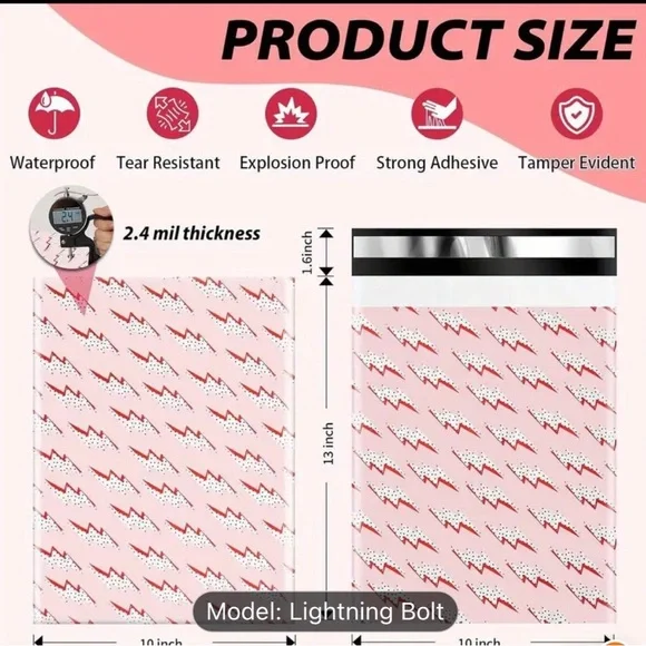 Polymailers (20) 10x13” Pink and Red Lightning Bolt Bags New with self sealing - Picture 2 of 7